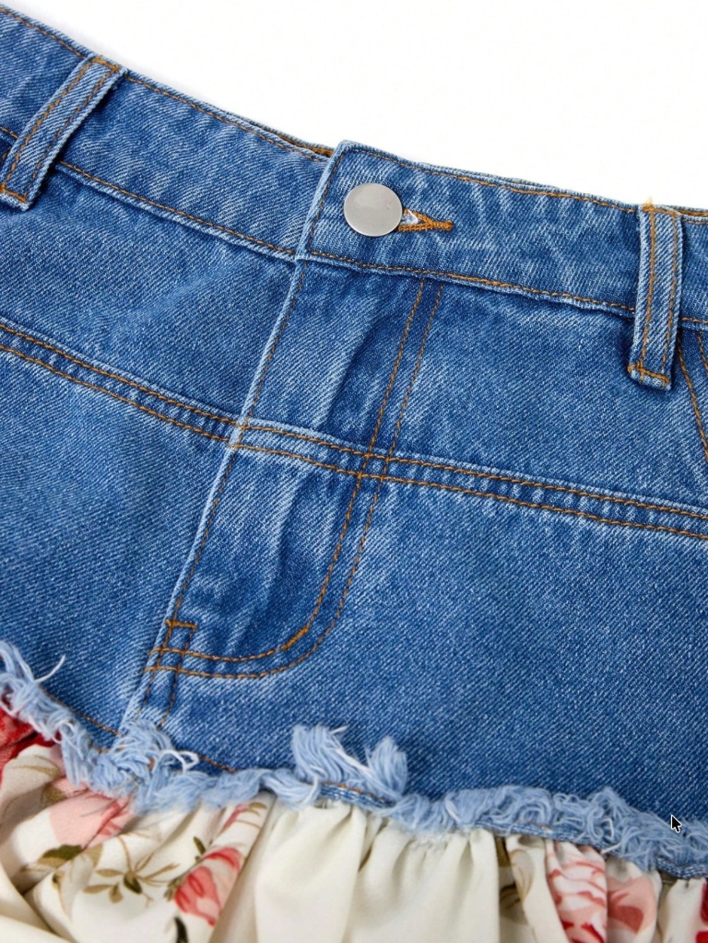 Boho Floral Print Denim Frayed Flowy Maxi Skirt - Picture 6 of 6
